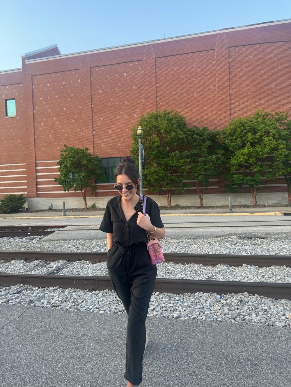 Black Short-Sleeve Button-Front Jumpsuit with Drawstring Waist